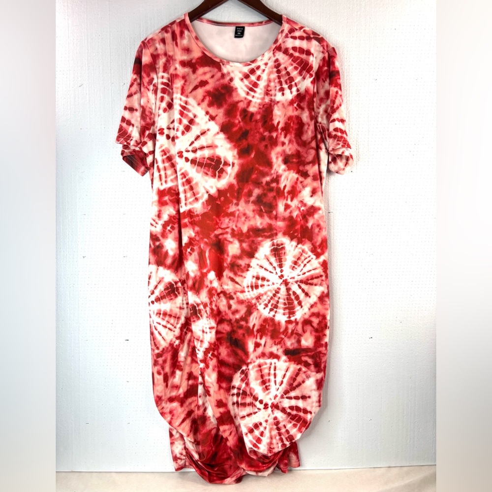SHEIN 2X Faux Wrap Tie Dye Midi Dress in Red